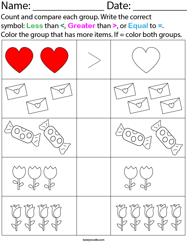 Valentines Day Count And Compare Math Worksheet Twisty Noodle 8426